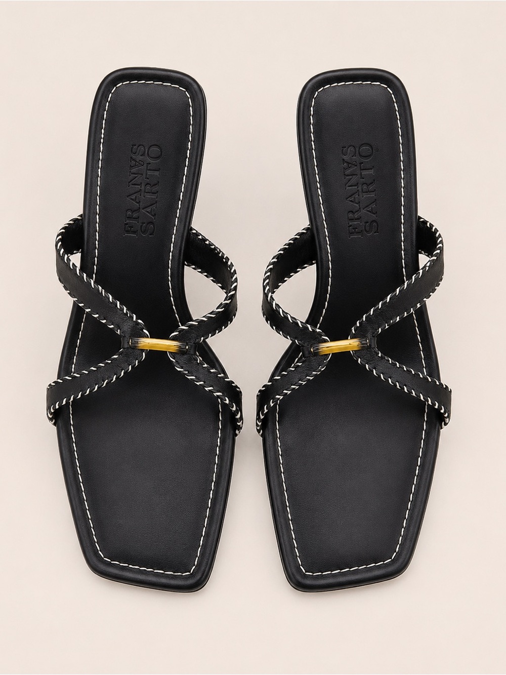 Franco Sarto Black Leather Braided Strap Slide Sandals with Tortoise Accent